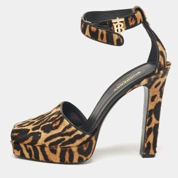 Pre Owned Burberry Brown/Black Calf Hair Peep Toe Ankle Strap Sandals Size 40