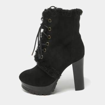 Pre Owned Burberry Black Suede and Fur Ankle Length Boots Size 36