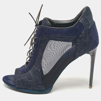Pre Owned Burberry Navy Blue Denim and Suede Open Toe Booties Size 38