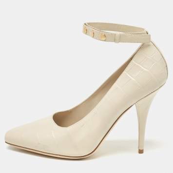 Pre Owned Burberry Cream Croc Embossed Leather Wiltkin Pumps Size 39