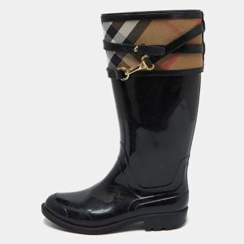 Pre Owned Burberry Black/Beige Rubber and House Check Canvas Rain Boots Size 38