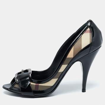 Pre Owned Burberry Black/Beige Canvas and Patent Leather Peep Toe Pumps Size 41