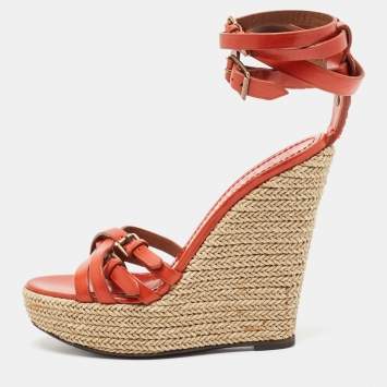 Pre Owned Burberry Orange Leather Espadrille Wedge Ankle Wrap Sandals Size 38