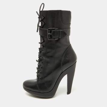 Pre Owned Burberry Black Leather Buckle Detail Mid Calf Platform Boots Size 37.5