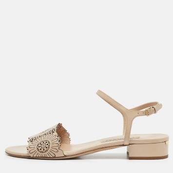 Pre Owned Burberry Beige Laser Cut Patent Leather Adenvale Ankle Strap Sandals Size 40