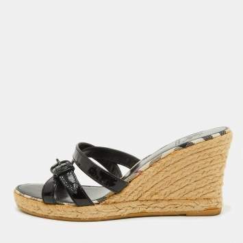 Pre Owned Burberry Black Patent Leather Strappy Wedge Espadrille Sandals Size 38