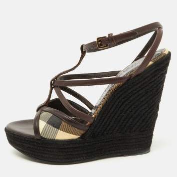 Pre Owned Burberry Brown/Beige Leather and Check PVC Platform Wedge Espadrille Sandals Size 38