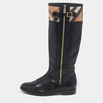 Pre Owned Burberry Beige/Black Canvas and Leather Knee Length Boots Size 40