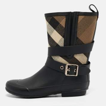 Pre Owned Burberry Beige/Black House Check Canvas and Rubber Rain Boots Size 35