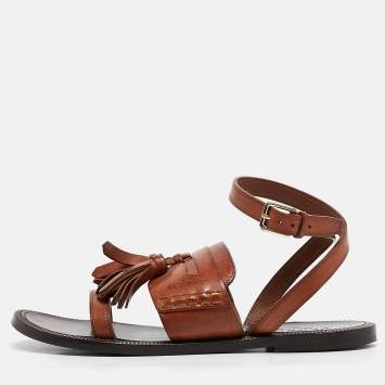 Pre Owned Burberry Brown Leather Bethany Ankle Strap Flat Sandals Size 39