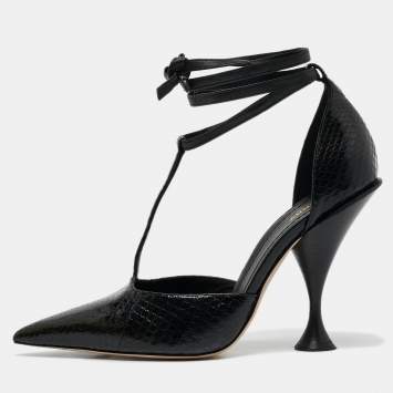 Burberry Black Python Embossed and Leather Welton T Strap Pumps Size 40