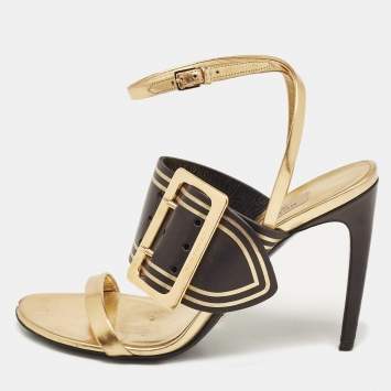 Pre Owned Burberry Black/Gold Leather Buckle Padstow Ankle Strap Sandals Size 38.5