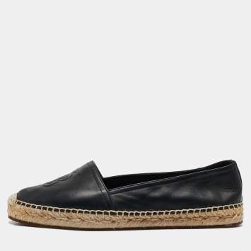Pre Owned Burberry Black Leather Tabitha Logo Espadrille Flats Size 37