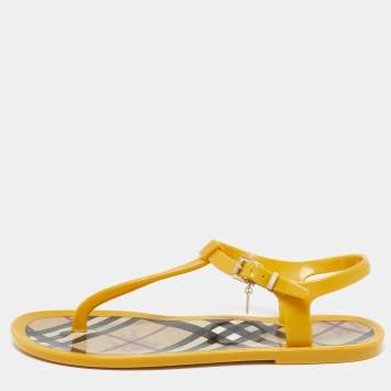Pre Owned Burberry Yellow Jelly Thong Flat Slides Size 38