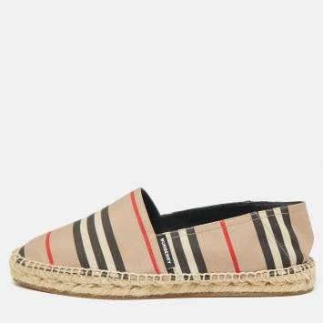 Pre Owned Burberry Beige/Black House Check Fabric and Leather Espadrille Flats Size 38