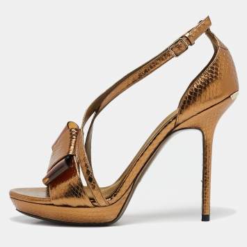 Pre Owned Burberry Gold Snakeskin Embossed Leather Berkeley Bow Sandals Size 37