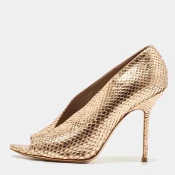 Pre Owned Burberry Metallic Gold Snakeskin Embossed Leather Peep Toe Pumps Size 36