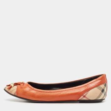 Pre Owned Burberry Dark Orange Leather And Coated Canvas Bow Toe Cap Ballet Flats Size 37.5