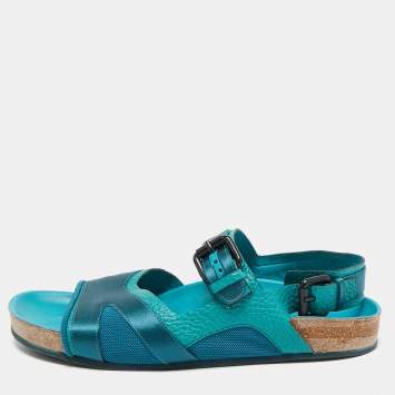Pre Owned Burberry Prorsum Turquoise Leather and Satin Field Sandals Size 39.5