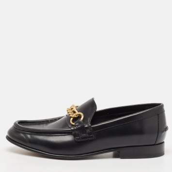 Pre Owned Burberry Black Leather Solway Chain Detail Slip On Loafers Size 36