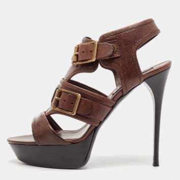 Pre Owned Burberry Brown Leather Aviator Beatty Platform Sandals Size 40