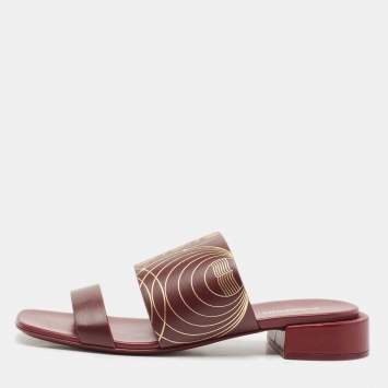 Pre Owned Burberry Burgundy Leather Flat Slides Size 40