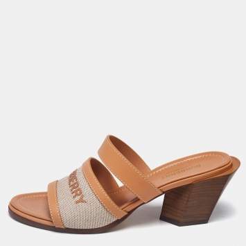 Burberry Beige/Tan Canvas and Leather Honour Slide Sandals Size 37