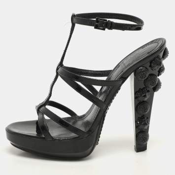 Pre Owned Burberry Black Leather Maison Studded Heel Ankle Strap Sandals Size 37