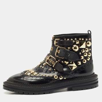 Pre Owned Burberry Black Studded Leather Everdon Ankle Boots Size 39