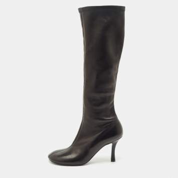Pre Owned Burberry Black Leather Round Toe Knee Length Boots Size 38