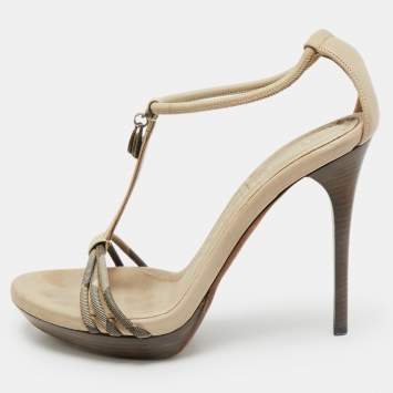 Pre Owned Burberry  Grey Leather and Canvas Ankle Strap Sandals Size 38