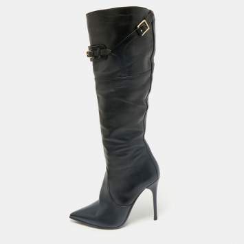 Pre Owned Burberry Black Leather Buckle Pointed Toe Knee Length Boots Size 38