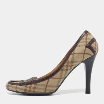 Pre Owned Burberry Beige/Brown Canvas and Leather Loafer Pumps Size 39.5