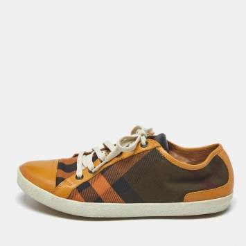 Burberry Orange Check Canvas and Leather Harrowby Sneakers Size 38