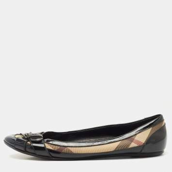 Pre Owned Burberry Black/Beige Nova Check PVC and Patent Leather Buckle Ballet Flats Size 41
