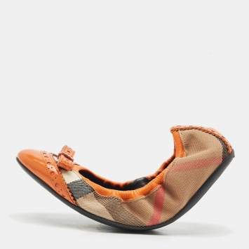 Burberry Brown/Yellow Leather and Nova Check Canvas Scrunch Ballet Flats Size 36.5