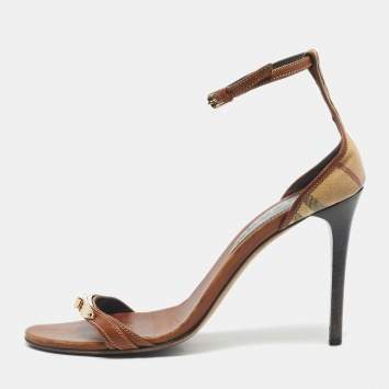 Pre Owned Burberry Brown/Beige House Check Canvas And Leather Ankle Strap Sandals Size 40