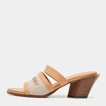 Burberry Tan Fabric and Leather Slide Sandals Size 38