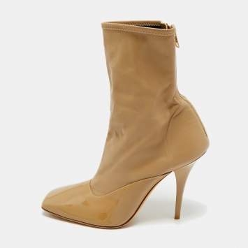 Pre Owned Burberry Beige Leather and Patent Leather Square Toe Ankle Length Boots Size 40