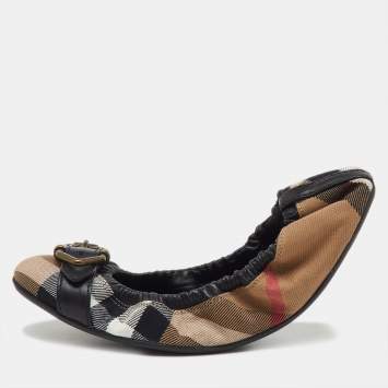Pre Owned Burberry Multicolor Nova Check Fabric and Leather Buckle Scrunch Ballet Flats Size 39.5