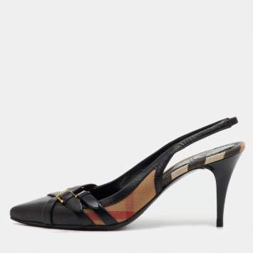 Pre Owned Burberry Black Leather And Nova Check Canvas Buckle Slingback Pumps Size 38