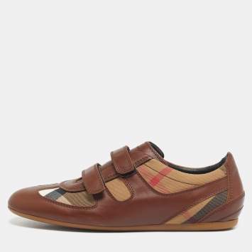 مملوكة مسبقًا Burberry Brown House Check Canvas and Leather Low Top Sneakers Size 41