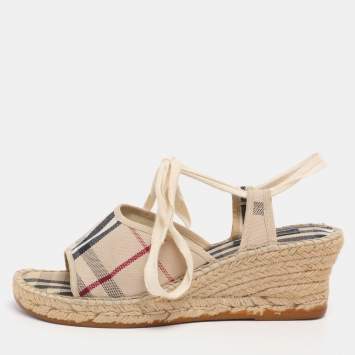 Pre Owned Burberry Beige Canvas Nova Check Wedge Ankle Strap Espadrilles Size 38