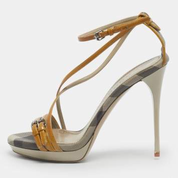 Pre Owned Burberry Yellow House Check Canvas and Leather Ankle Strap Sandals Size 38