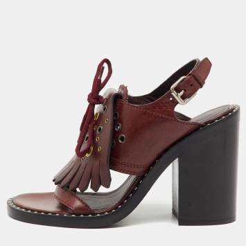 Pre Owned Burberry Burgundy Leather Beverley Eyelet Fringe Detail Block Heel Sandals Size 38