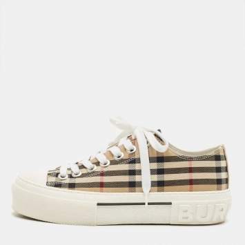Pre Owned Burberry Beige Canvas and Rubber Check Low Top Sneakers Size 36.5