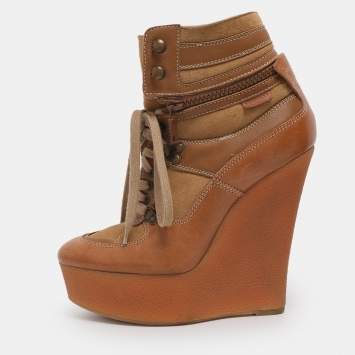 مملوكة مسبقًا حذاء بوت كاحل بربري بني جلد وجلد سويدي بمطاط مقاس 35