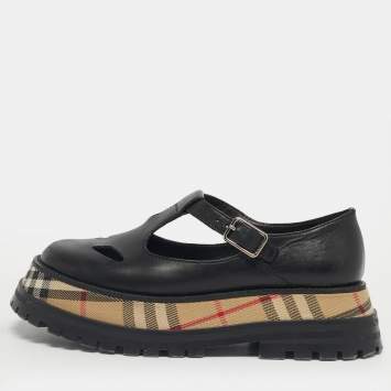 Pre Owned Burberry Black Leather Aldwych Mary Jane Flats Size 36.5