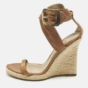 Pre Owned Burberry Brown Leather Catsbrook Espadrille Wedge Sandals Size 38