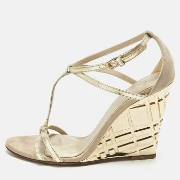 Pre Owned Burberry Beige/Gold Leather and Suede Wedge Sandals Size 36